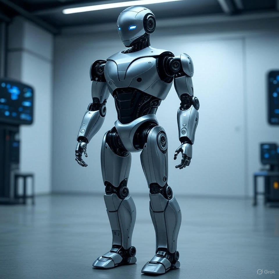 futuristic humanoid robot with blue eyes and silver armour