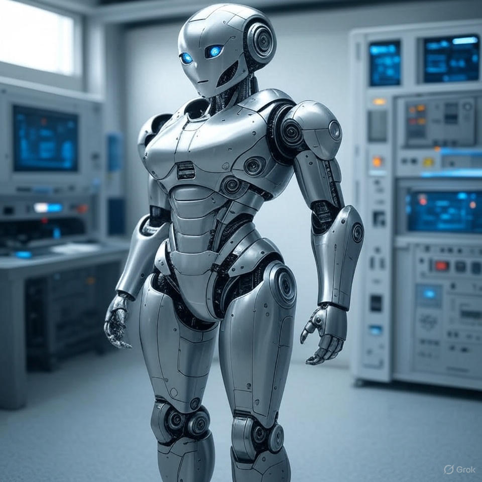 futuristic female robot with sleek silver curves and glowing blue eyes in a tech lab